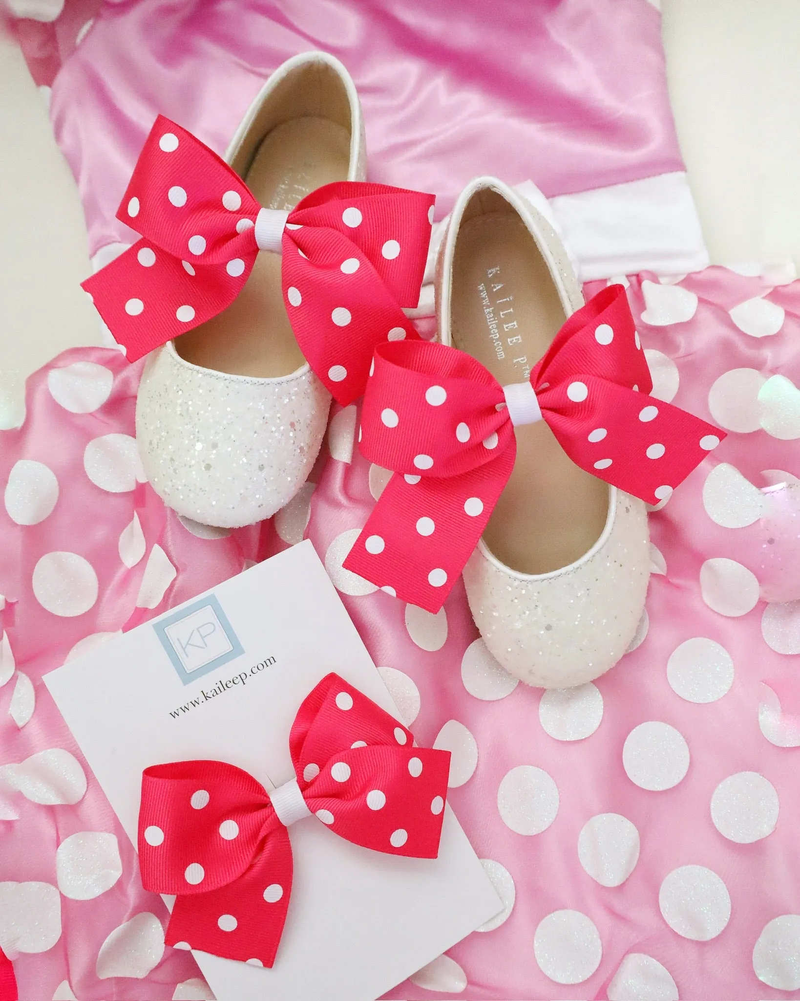 White Rock Glitter Mary Jane Flats with Fuchsia Polka Dot Grosgrain Bow