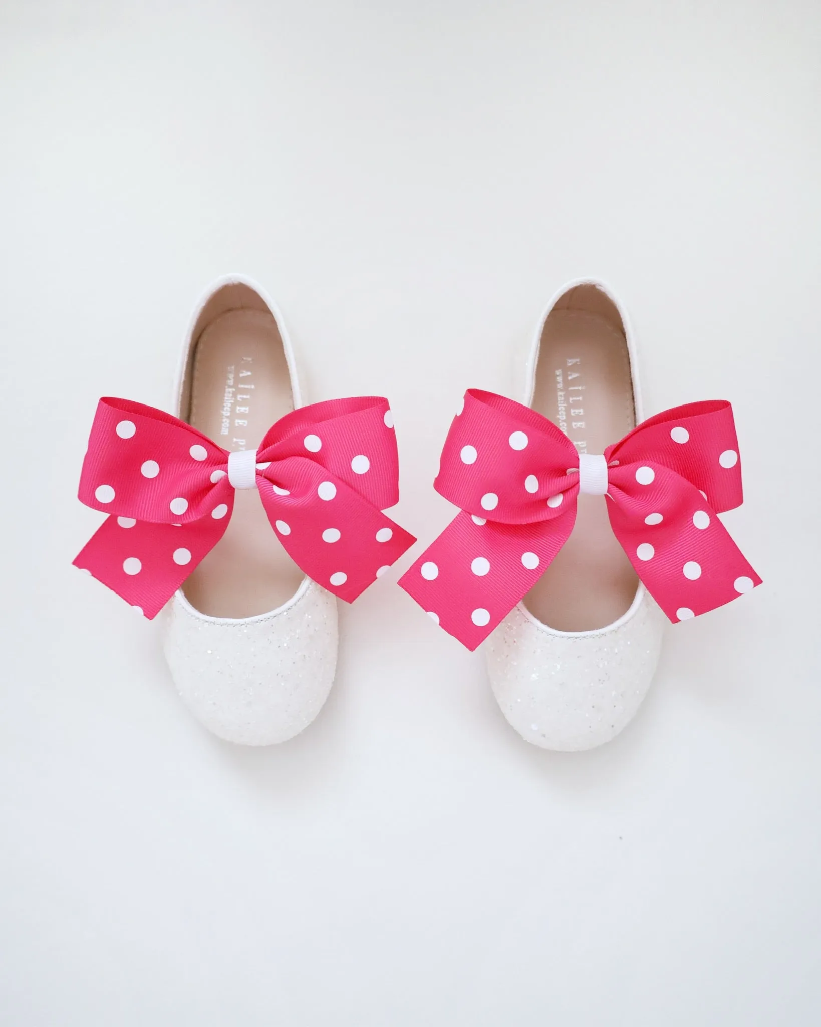 White Rock Glitter Mary Jane Flats with Fuchsia Polka Dot Grosgrain Bow