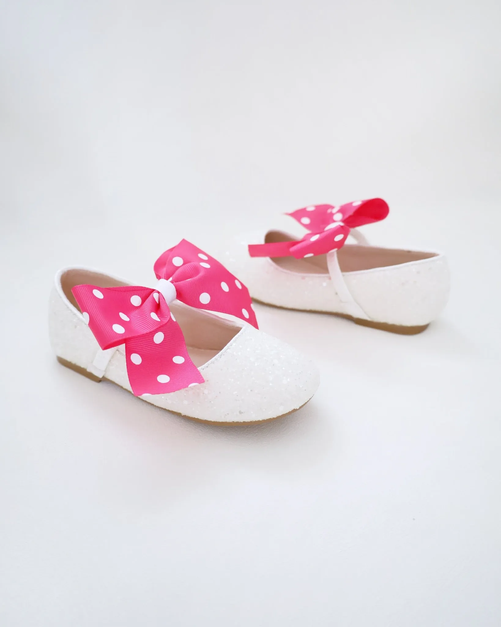 White Rock Glitter Mary Jane Flats with Fuchsia Polka Dot Grosgrain Bow