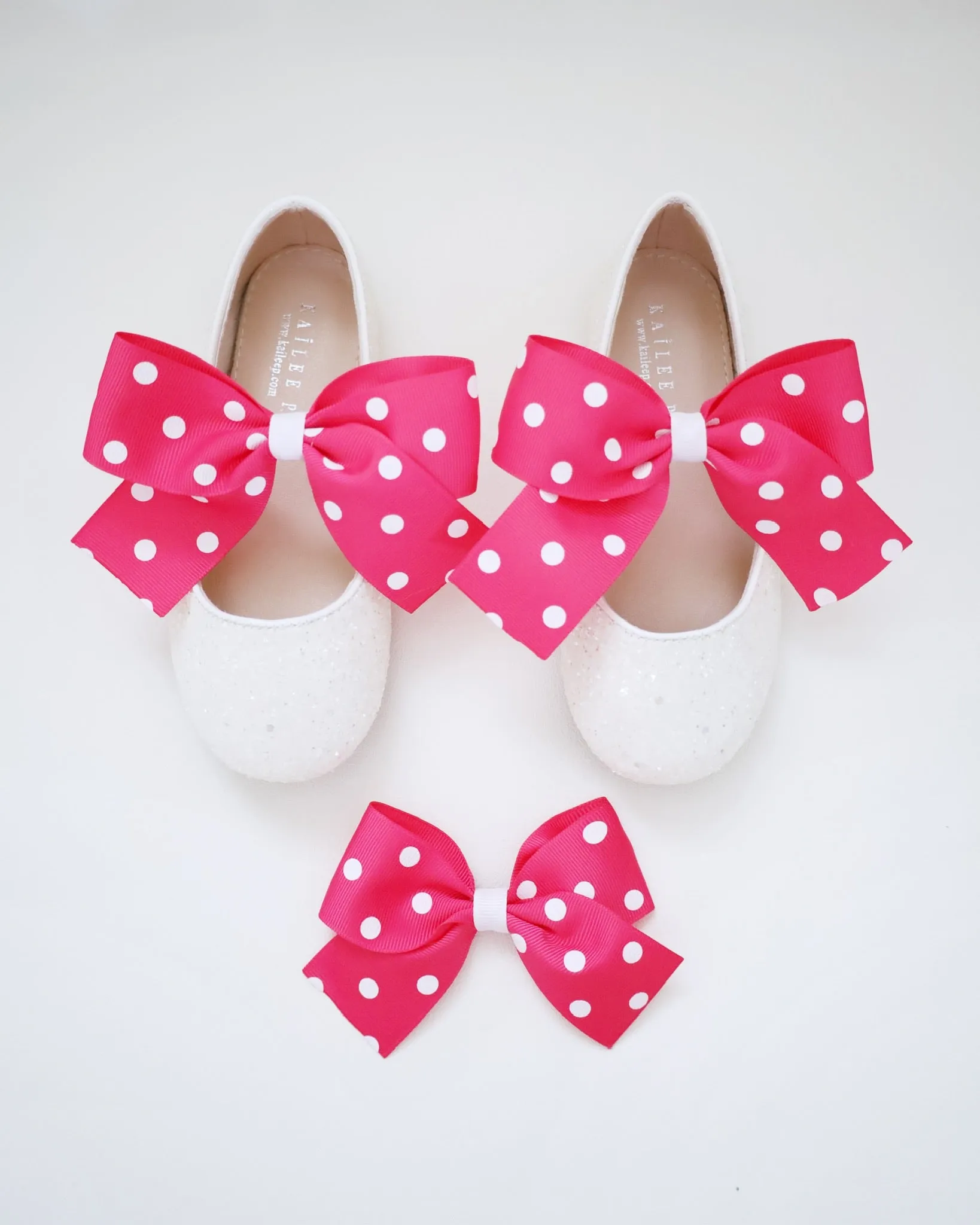 White Rock Glitter Mary Jane Flats with Fuchsia Polka Dot Grosgrain Bow