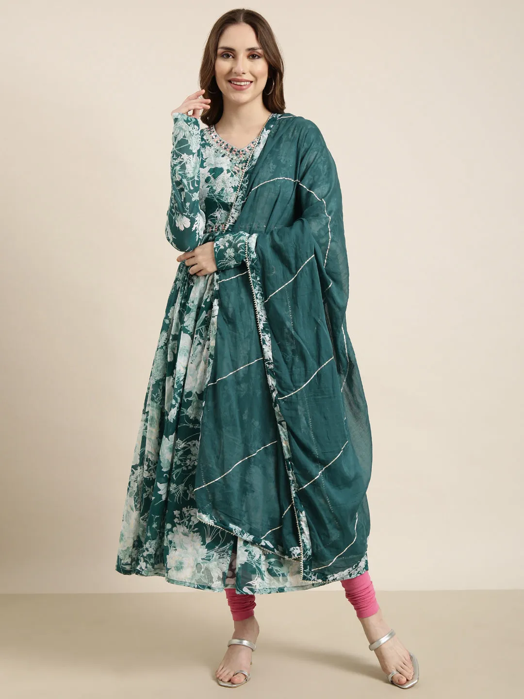 Women Anarkali Teal Floral Kurta Comes with Dupatta