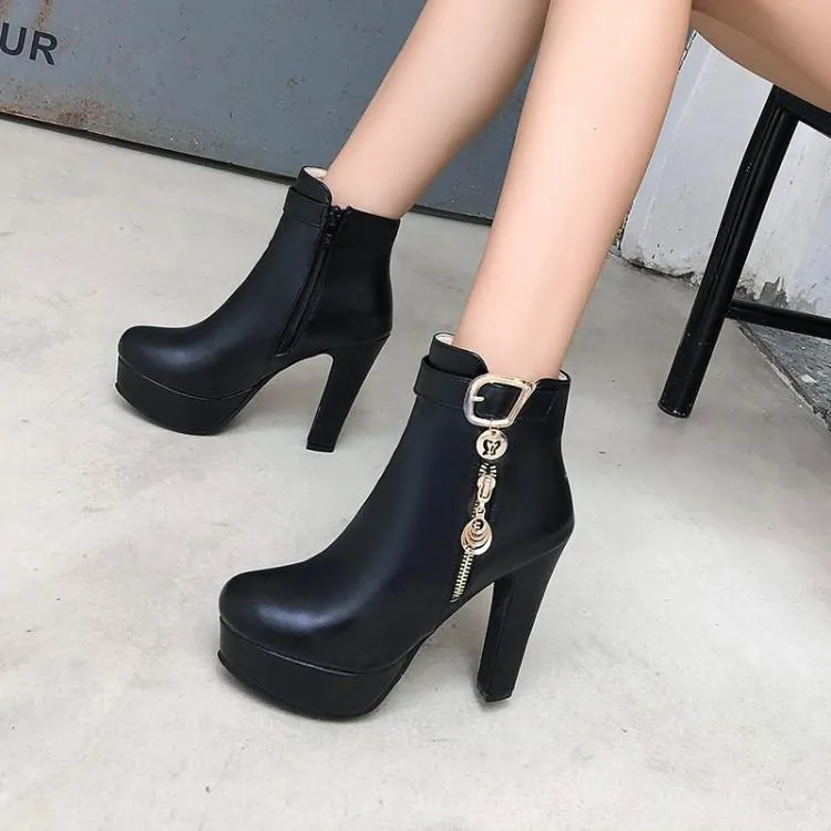 Women fashion metal fringe chunky heel platform ankle boots