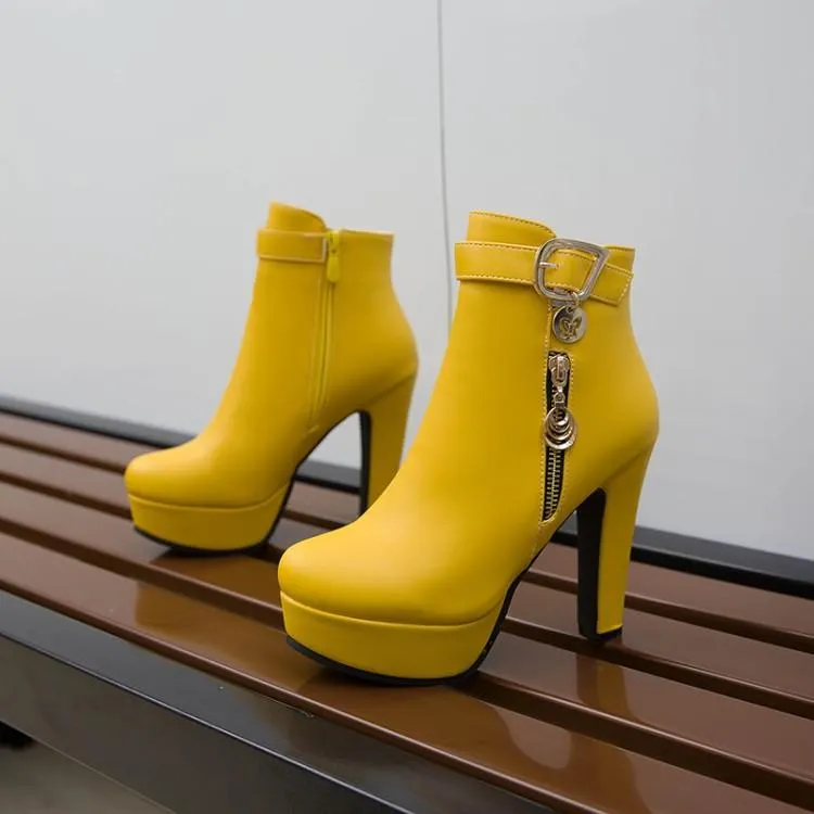 Women fashion metal fringe chunky heel platform ankle boots