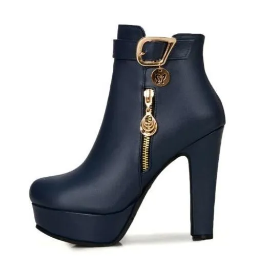 Women fashion metal fringe chunky heel platform ankle boots