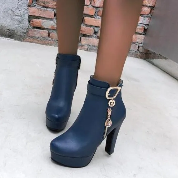 Women fashion metal fringe chunky heel platform ankle boots