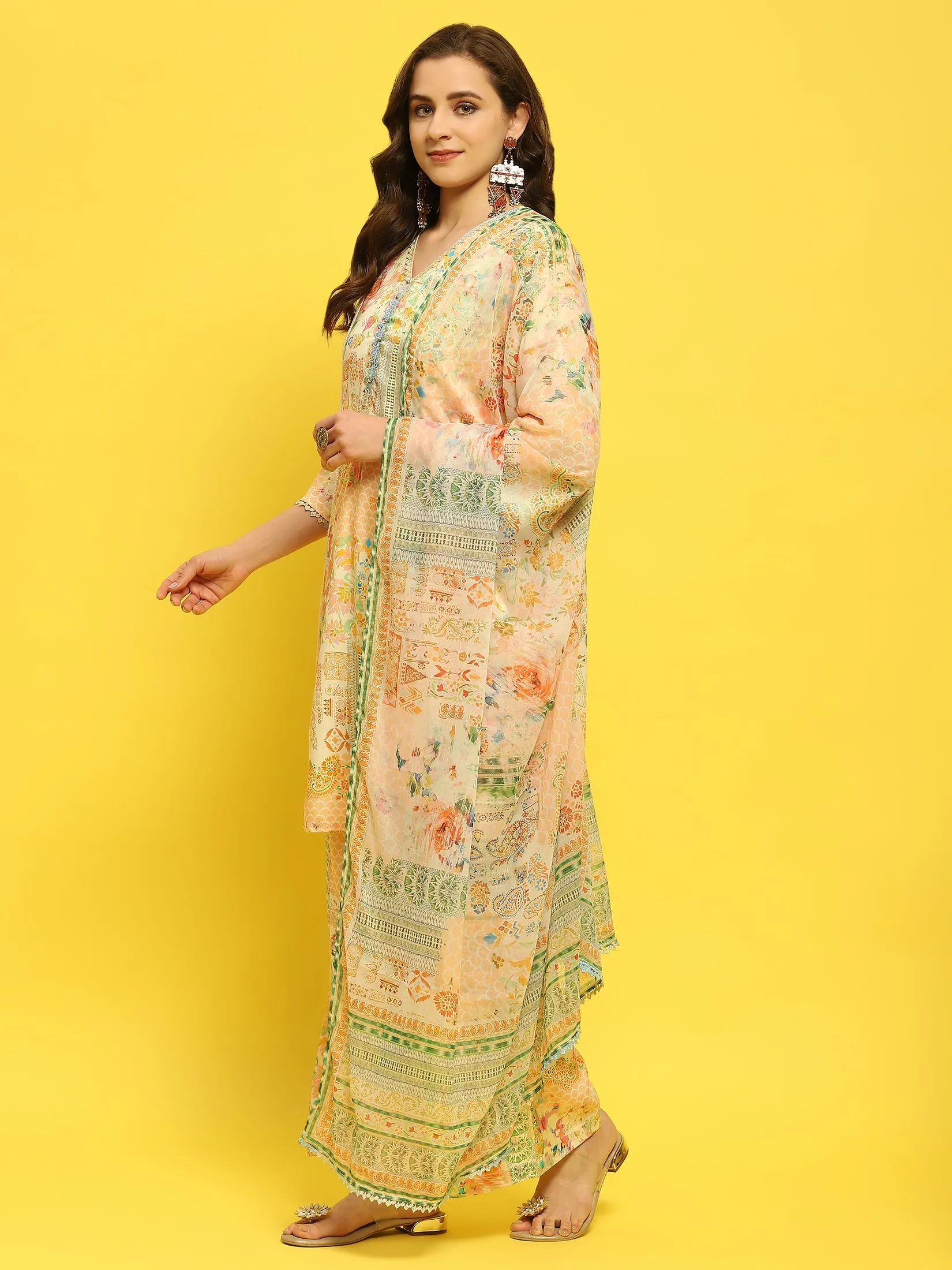 Women Liva Rayon Multicolor Abstract Print Kurta Comfort Pant Dupatta