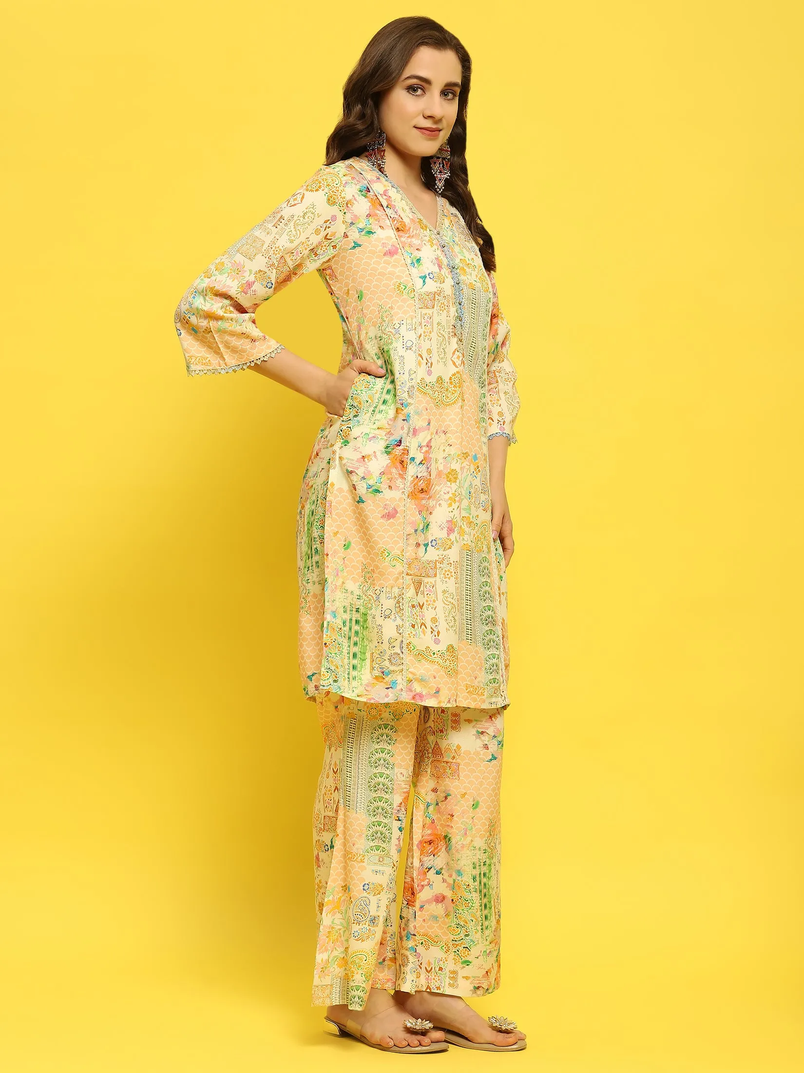 Women Liva Rayon Multicolor Abstract Print Kurta Comfort Pant Dupatta