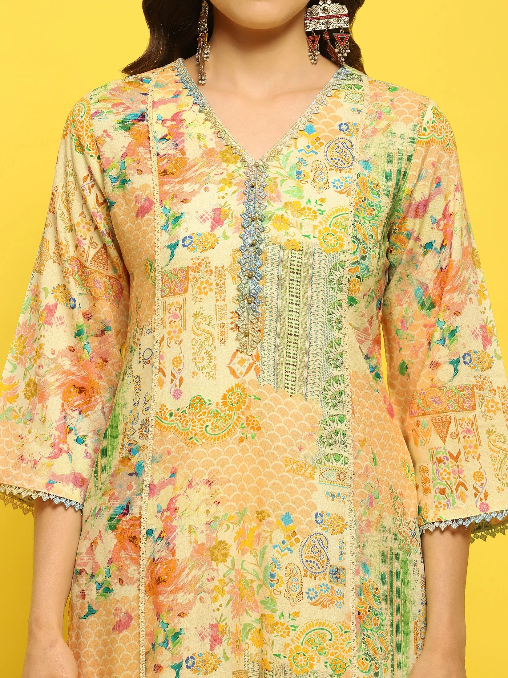 Women Liva Rayon Multicolor Abstract Print Kurta Comfort Pant Dupatta