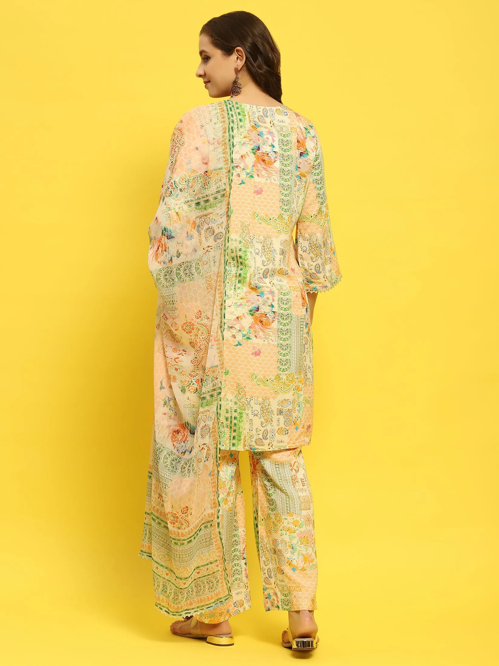 Women Liva Rayon Multicolor Abstract Print Kurta Comfort Pant Dupatta