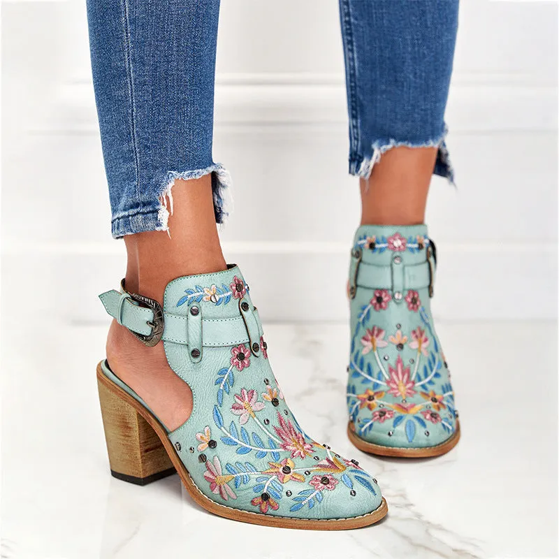 Women's flower embroidery stacked heels booties | Spring summer cutout ankle boots