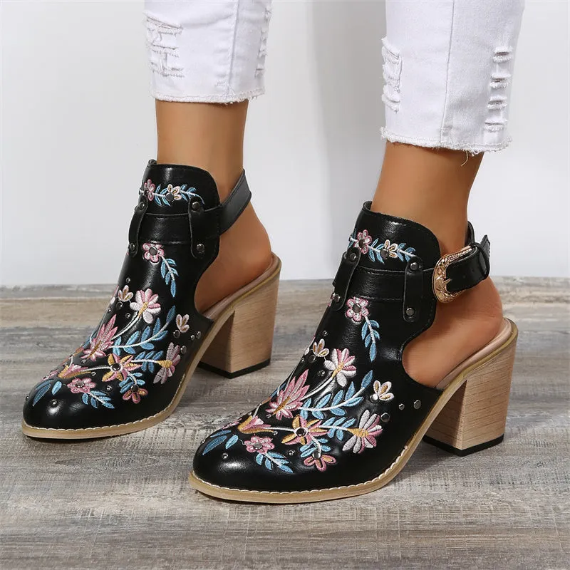 Women's flower embroidery stacked heels booties | Spring summer cutout ankle boots