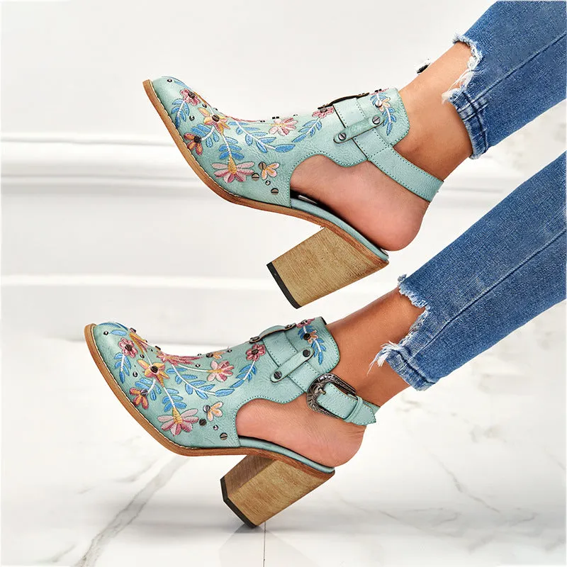 Women's flower embroidery stacked heels booties | Spring summer cutout ankle boots