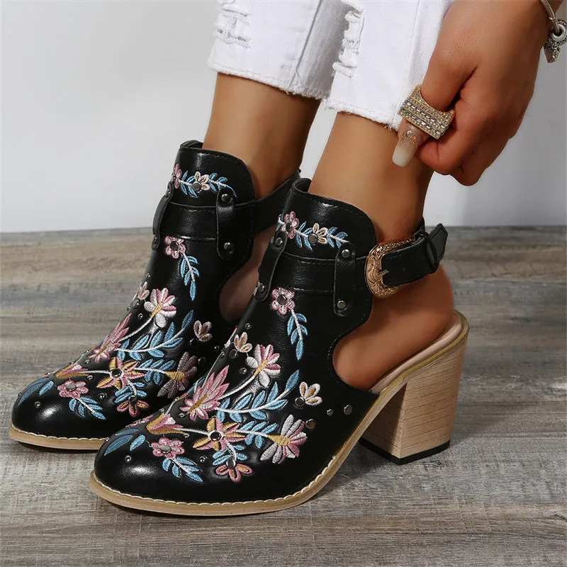 Women's flower embroidery stacked heels booties | Spring summer cutout ankle boots