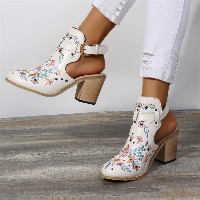Women's flower embroidery stacked heels booties | Spring summer cutout ankle boots