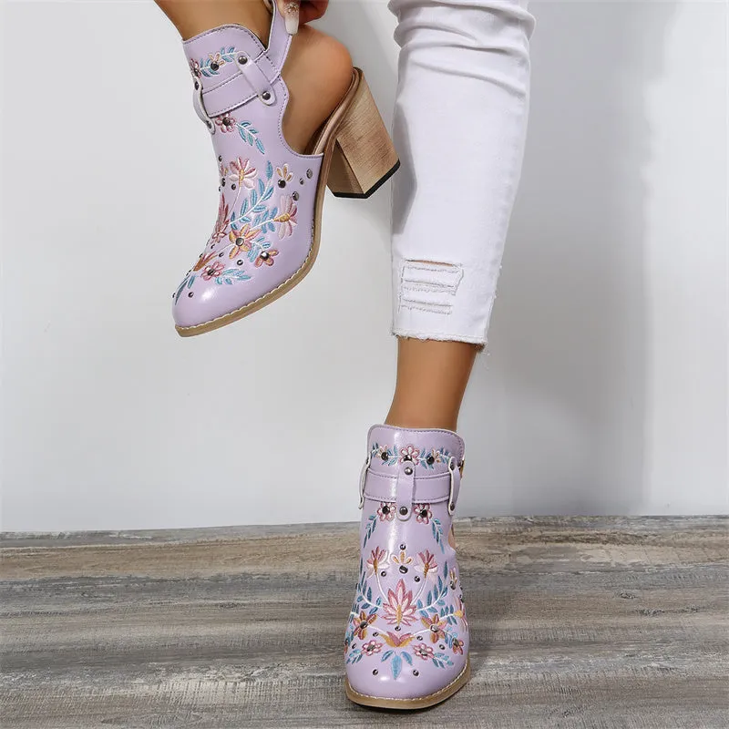 Women's flower embroidery stacked heels booties | Spring summer cutout ankle boots