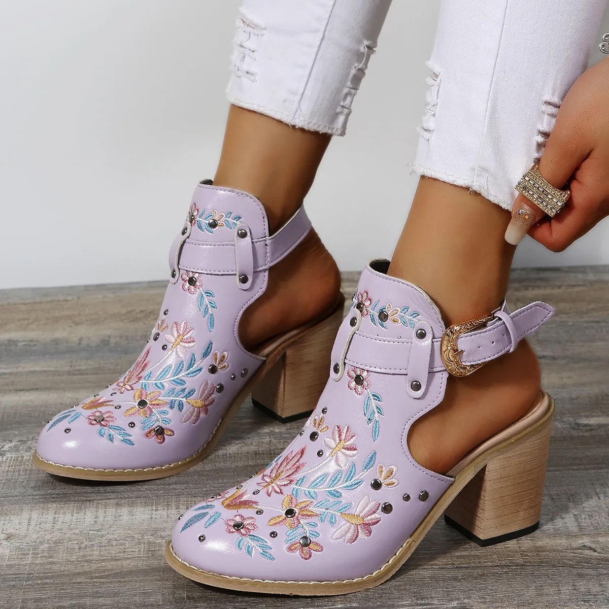 Women's flower embroidery stacked heels booties | Spring summer cutout ankle boots
