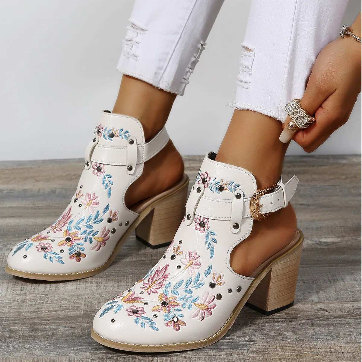 Women's flower embroidery stacked heels booties | Spring summer cutout ankle boots