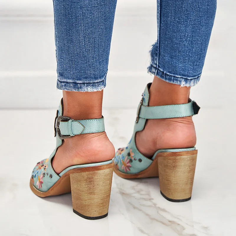 Women's flower embroidery stacked heels booties | Spring summer cutout ankle boots